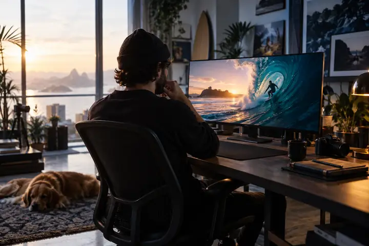 Kreativprofi an einem dunklen Desktop-Arbeitsplatz für KI-Medien neben einem hellen Studiofenster