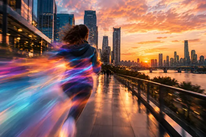 Verschwommene, farbenfrohe Figur, die sich bei Sonnenuntergang durch eine moderne Stadt bewegt, als generierte Ausgabe