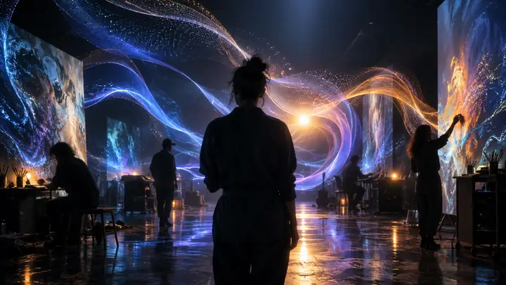 AI media creation workspace with a cinematic portrait preview