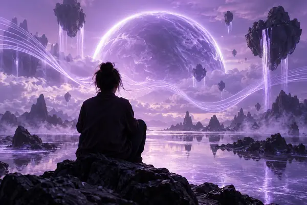 Surreale violette Porträtkunst für ein Referenzvideo-Modell