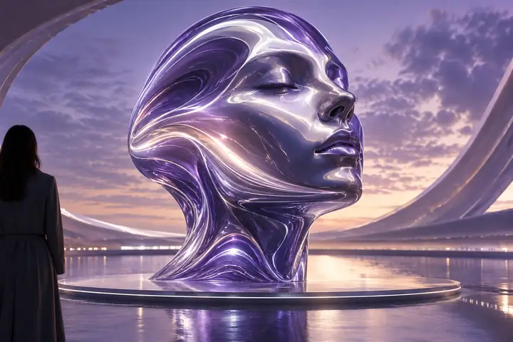 Polierte futuristische Gesichtsskulptur in violettem und perlmuttfarbenem Licht