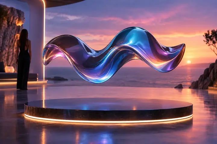 Glänzendes skulpturales Objekt, schwebend in einem farbenfrohen 3D-Studio