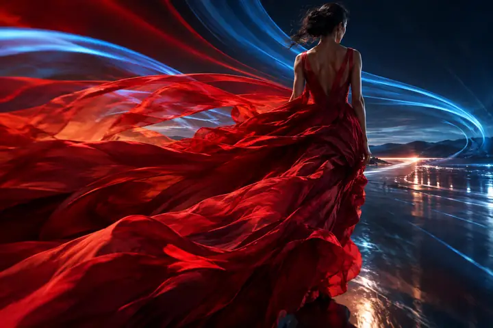 Modefigur, dargestellt in fließenden karmesinroten und blauen Bewegungsspuren