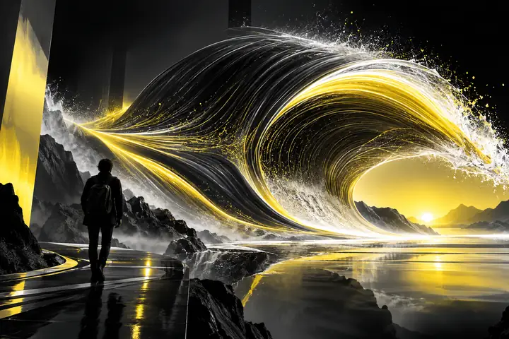 Grafische abstrakte Form in Schwarz, Weiß und leuchtendem Gelb