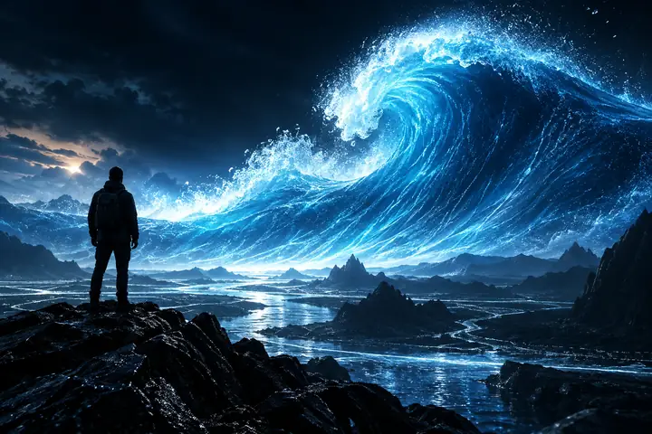 Große leuchtend blaue Welle, die sich über eine dunkle abstrakte Landschaft erhebt