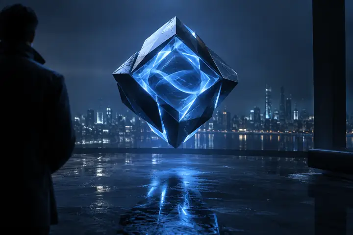 Blau beleuchtetes geometrisches Sicherheitsobjekt, das über einer dunklen reflektierenden Oberfläche schwebt
