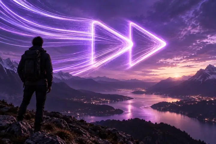 Leuchtend violette Geschwindigkeitsspuren, die ein markantes abstraktes Vorspul-Symbol bilden